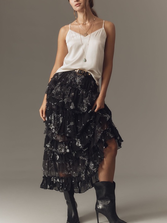 Anthropologie Dresses & Skirts - NWOT Anthropologie Tiered Ruffled Petticoat Maxi Skirt- Black Celestial Print